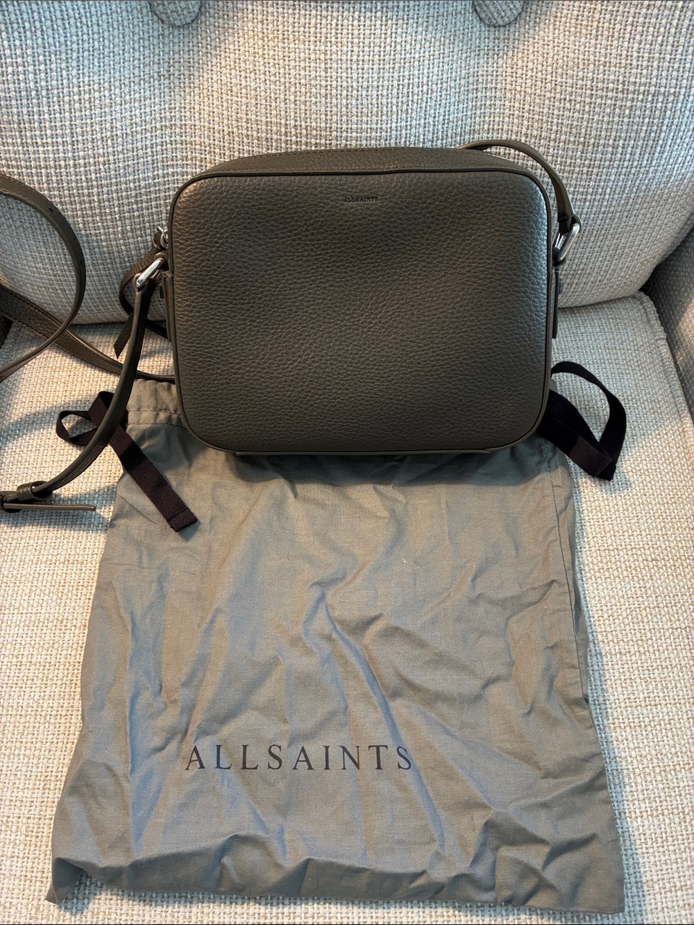 All Saints Olive Green Pebbled Leather Messenger Crossbody